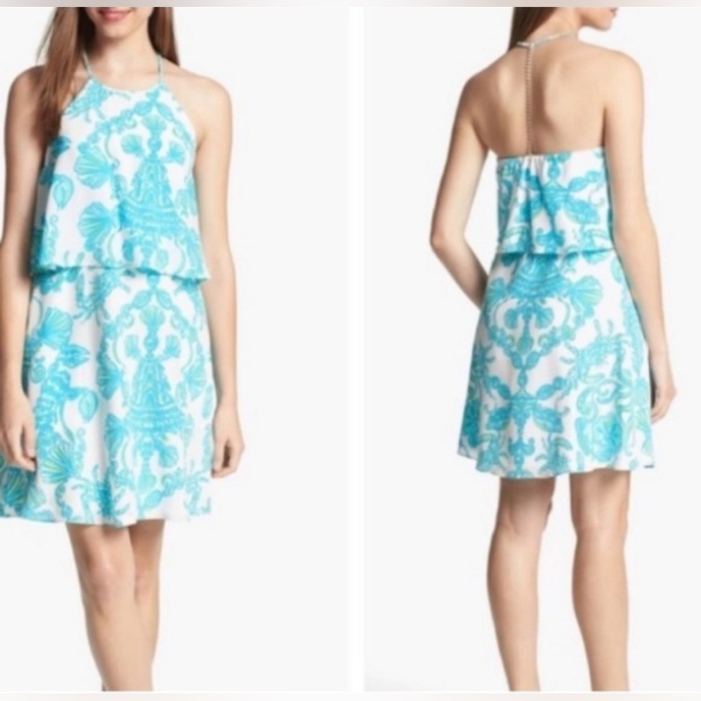 Lilly Pulitzer Blue Whistler Dress Layered, Flowy Halter style w pockets size 6